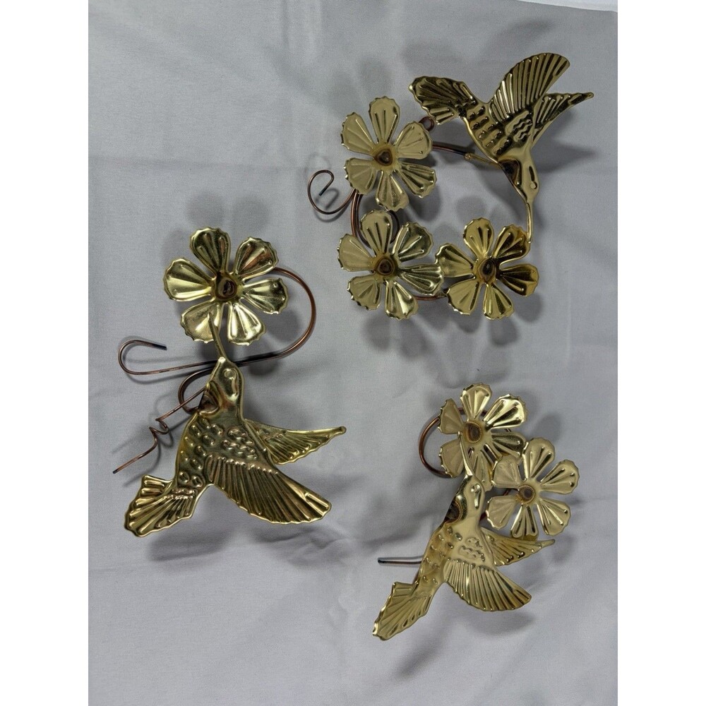 Vtg Home Interior Brass Gold Tone Metal Hummingbirds Flowers Wall Decor Set MCM
